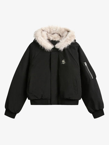 Retro Fur Hooded Fleece Bomber Jacket - 2478 