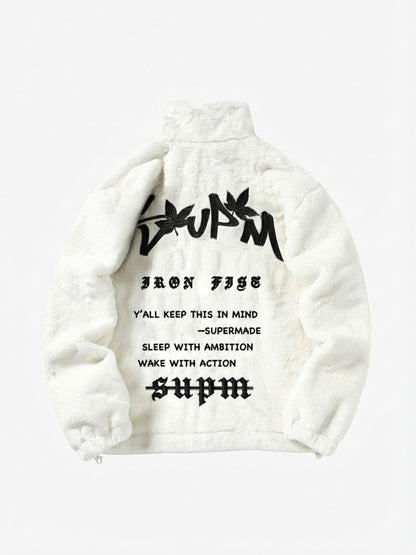 Thesupermade Hip-hop Letter Stand Collar Fur Jacket - 1908 