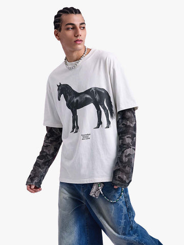 Layered Leopard Horse Graphic Long Sleeve T-Shirt