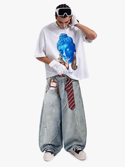 Tie Graphic Print Vintage Wash Wide Leg Denim Jeans