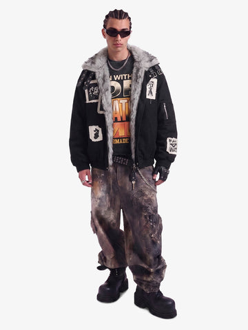 Faux Fur Collar Patchwork Embroidered Quilted Jacket