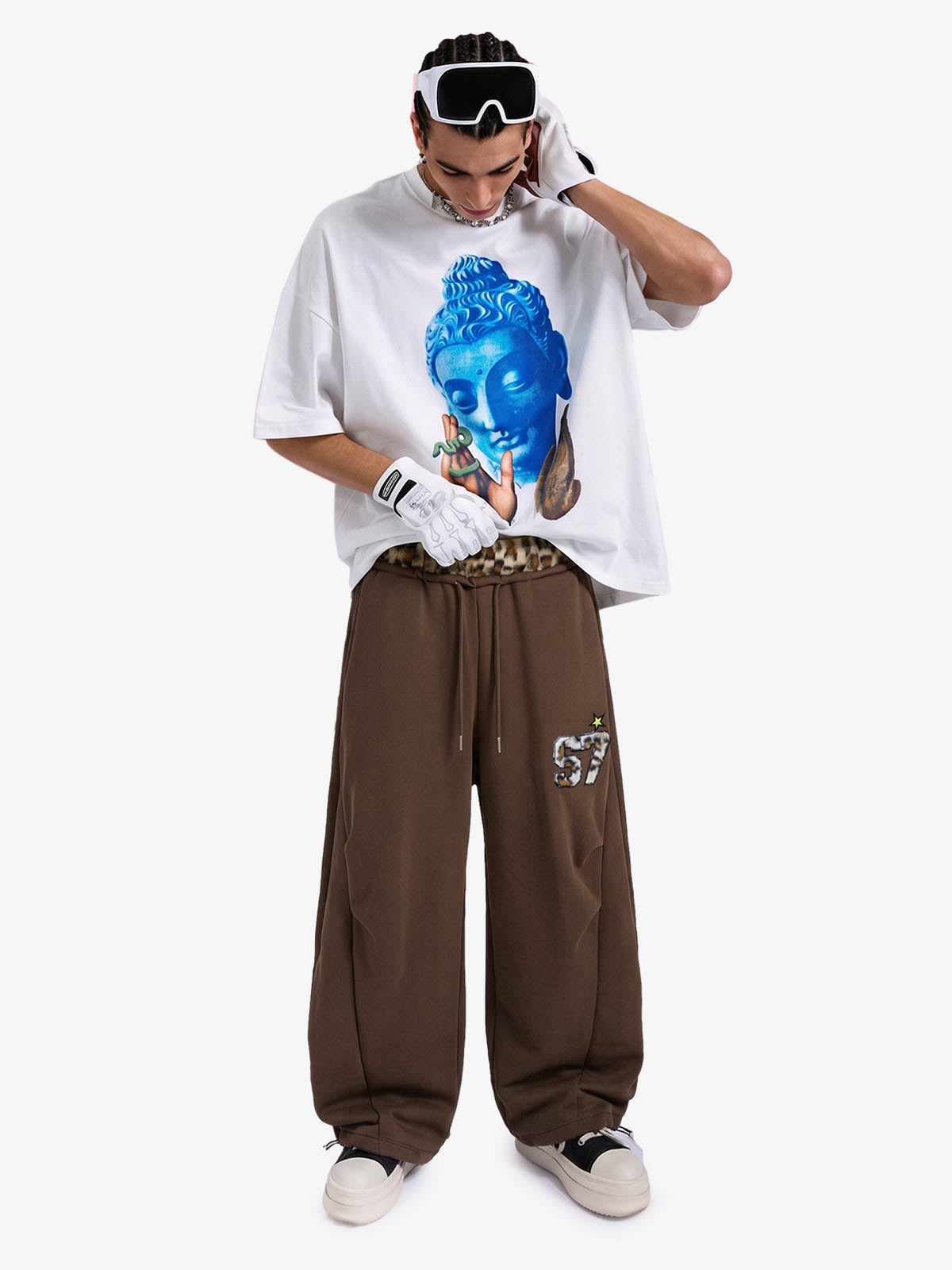 Retro Double-Waist Leopard Patch Barrel Pants - 2564
