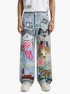 Graffiti Cartoon Animal Print Distressed Wide Leg Denim Jeans
