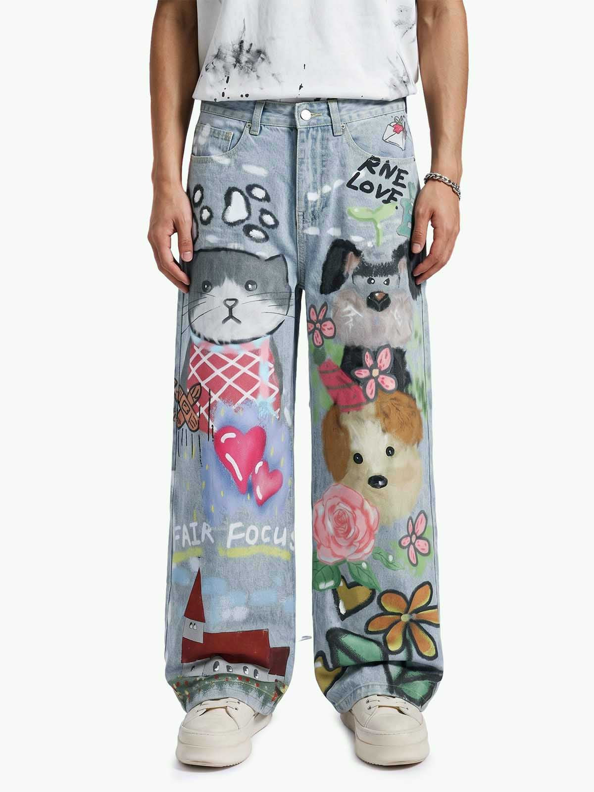 Graffiti Cartoon Animal Print Distressed Wide Leg Denim Jeans