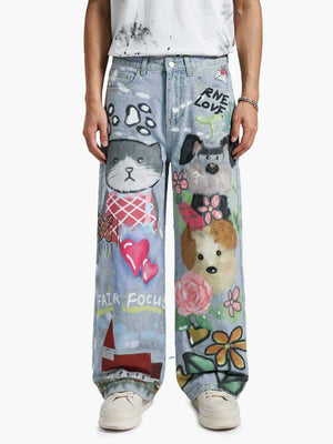 Graffiti Cartoon Animal Print Distressed Wide Leg Denim Jeans