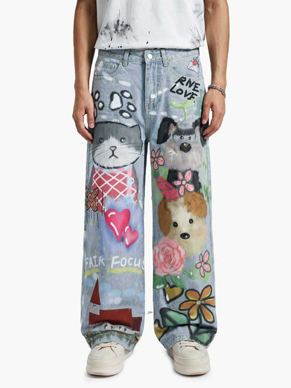 Graffiti Cartoon Animal Print Distressed Wide Leg Denim Jeans
