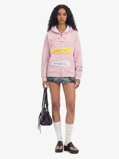 Detachable Hair Clip Decoration Zip Up Hoodie