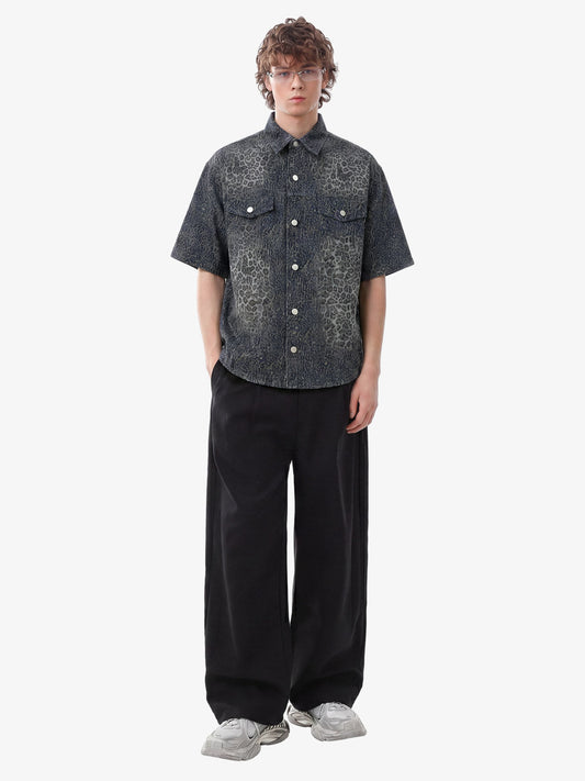 Vintage Leopard Print Washed Denim Short Sleeve Shirt 