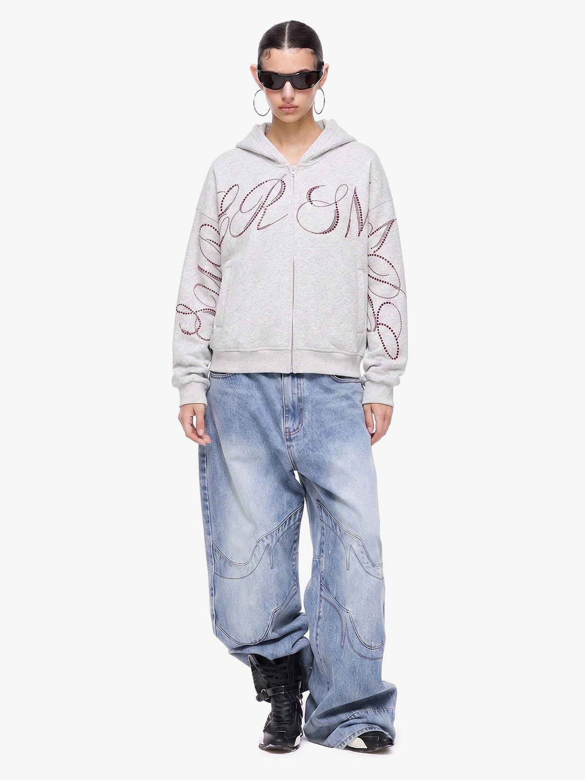 Street Hip-Hop Rhinestone Cropped Zip Up Hoodie