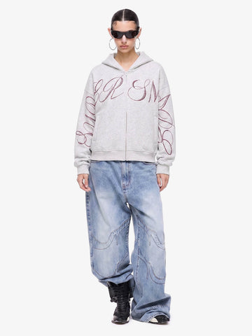 Street Hip-Hop Rhinestone Cropped Zip Up Hoodie