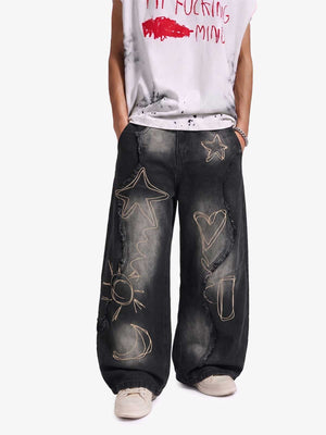 Vintage Embroidered Washed Raw-Edge Graffiti Scimitar Jeans