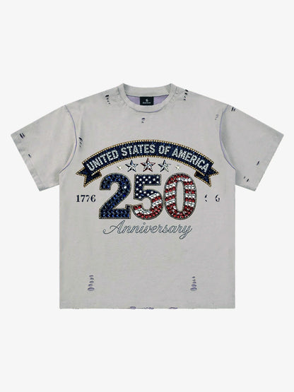 Rhinestone 250 Ripped Washed T-Shirt