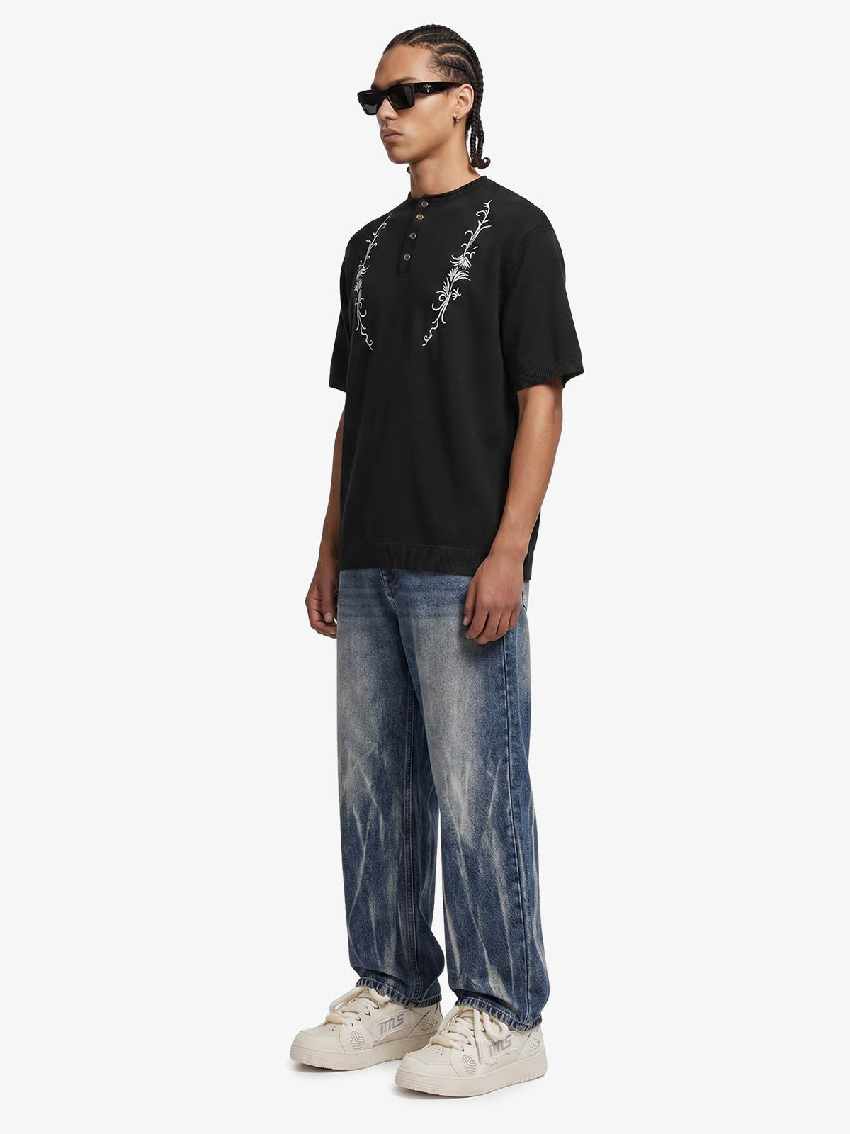 Graphic Floral Knit Henley T-Shirt 