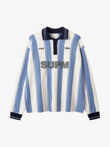Retro Striped Polo Collar Sports Jersey Knit Sweater 