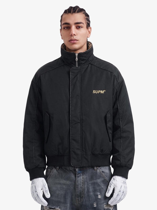 Retro Layered Look Plaid Collar Padded Jacket - 2579