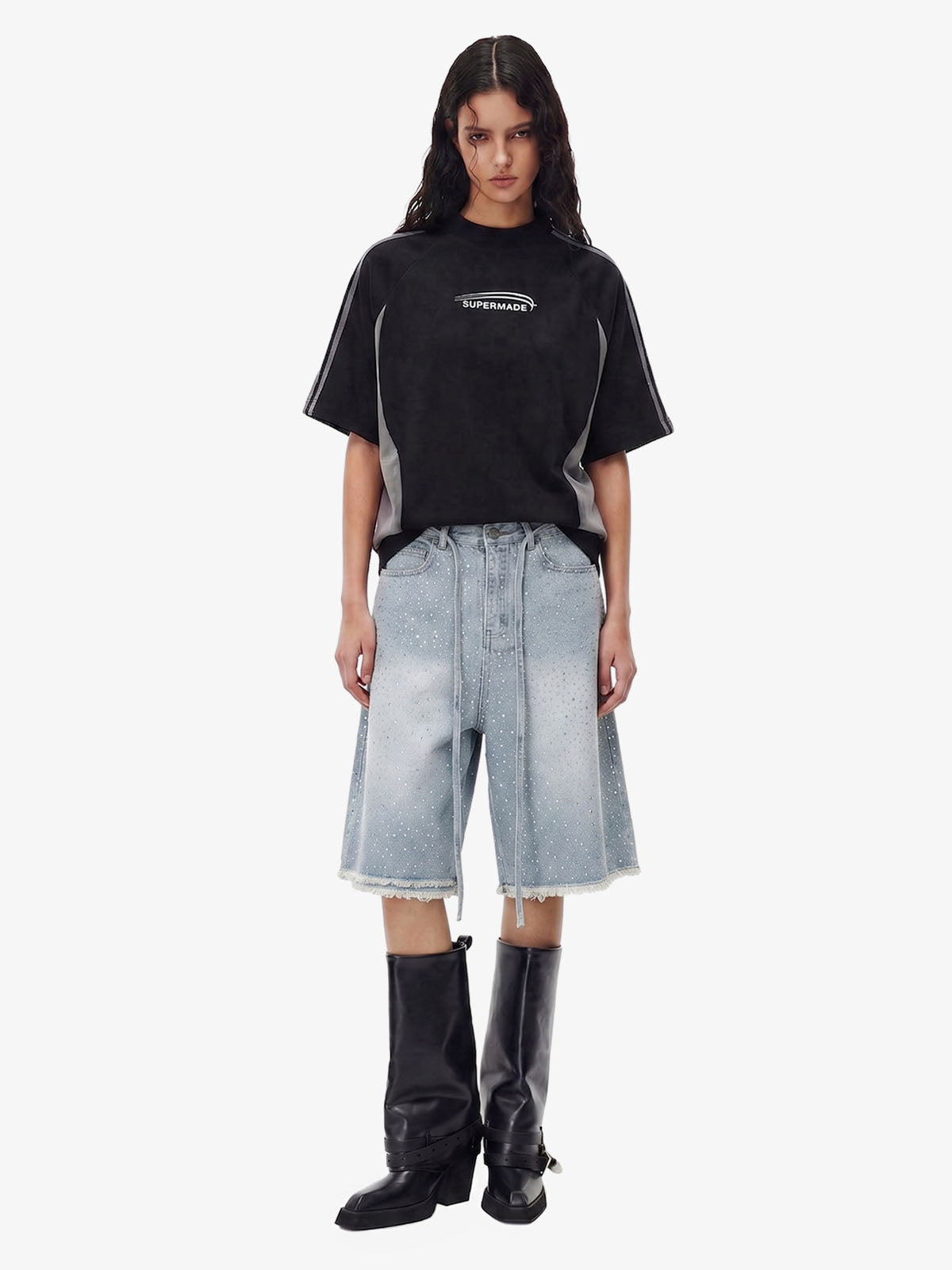 Distressed Rhinestone Denim Jorts - 2454