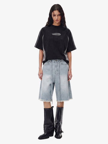 Distressed Rhinestone Denim Jorts - 2454