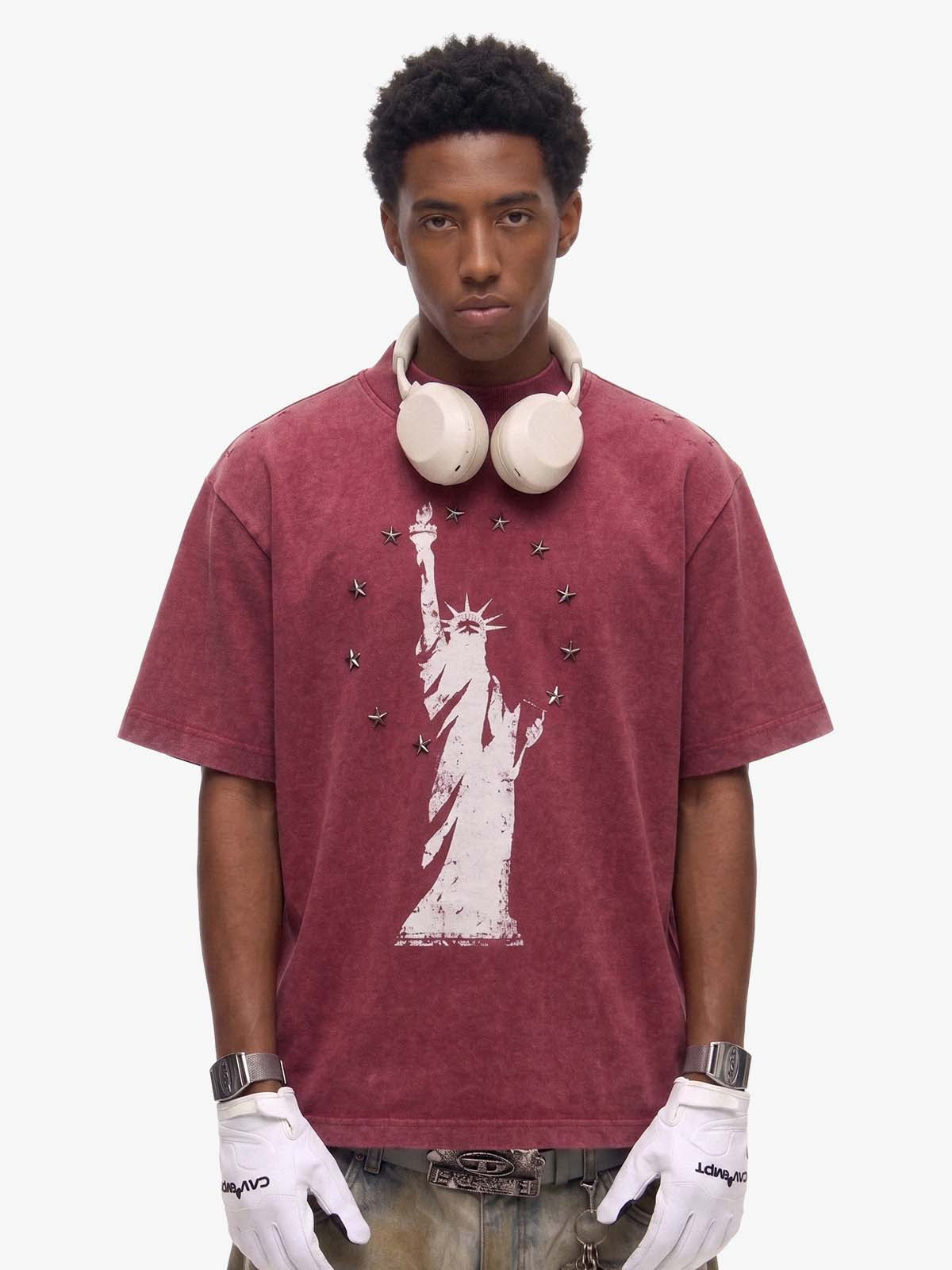 Statue of Liberty Print and Star Details T-Shirt