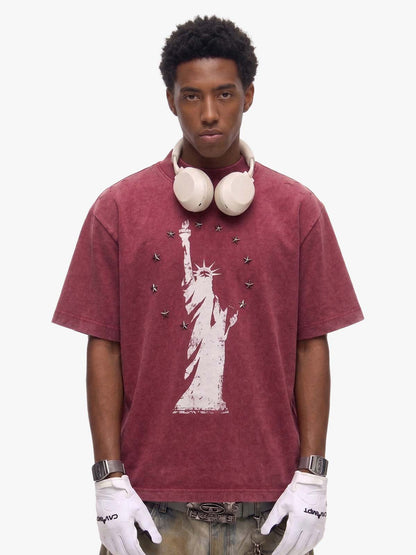 Statue of Liberty Print and Star Details T-Shirt