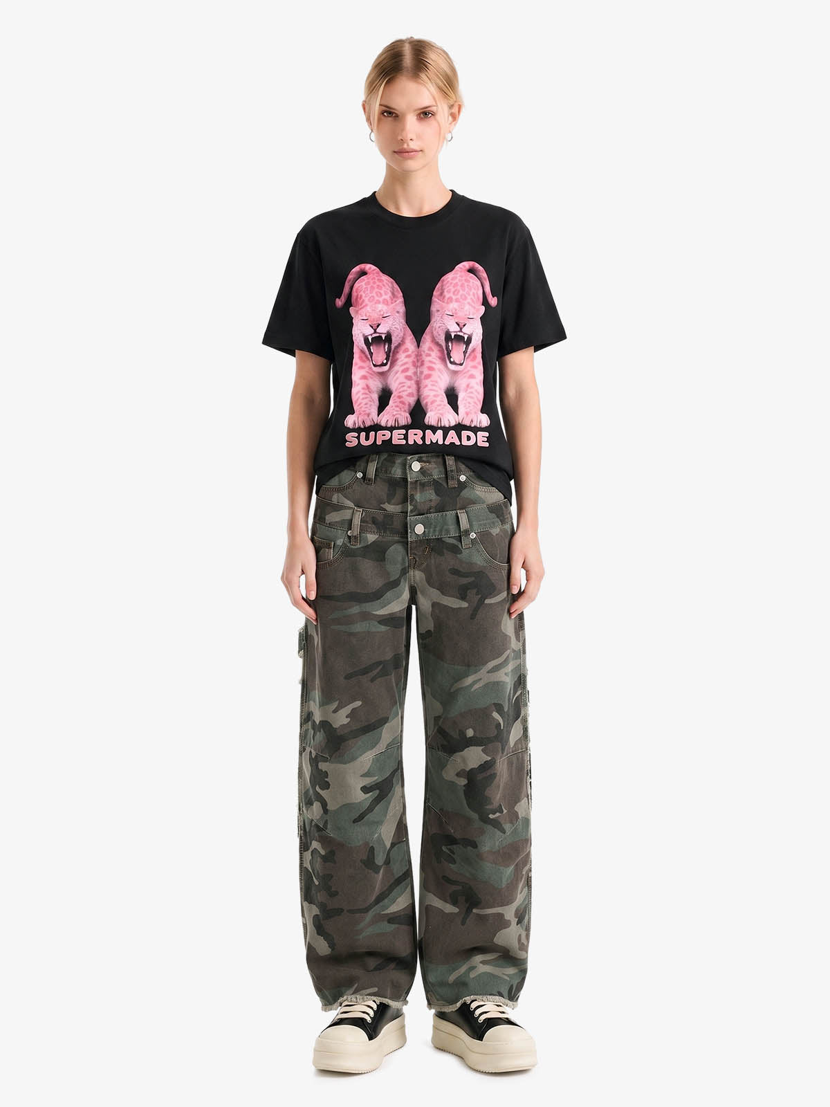 Retro Double Waist Camouflage Barrel Pants - 2555