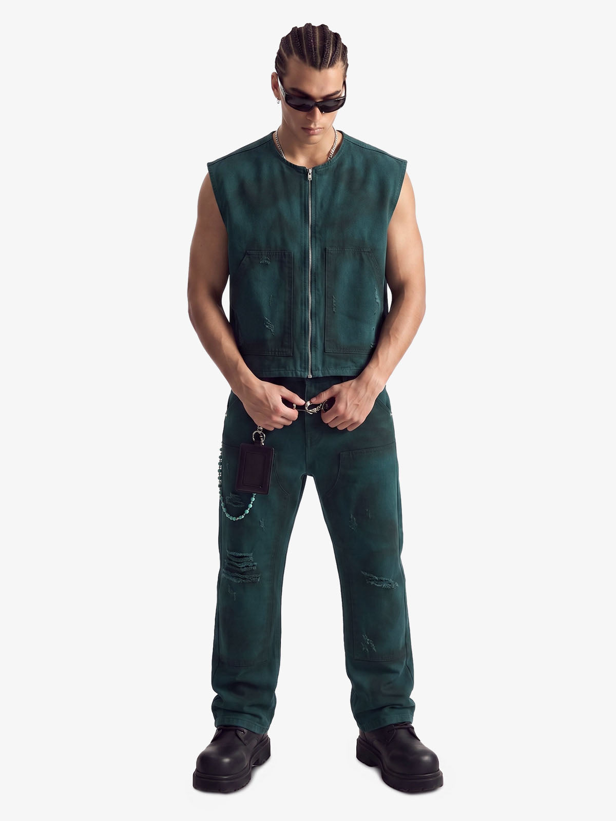 Airbrush Print Sleeveless Vest & Straight Leg Jeans Set