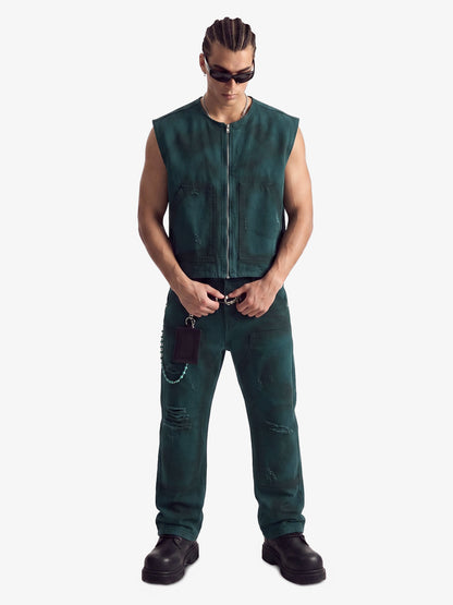 Airbrush Print Sleeveless Vest & Straight Leg Jeans Set