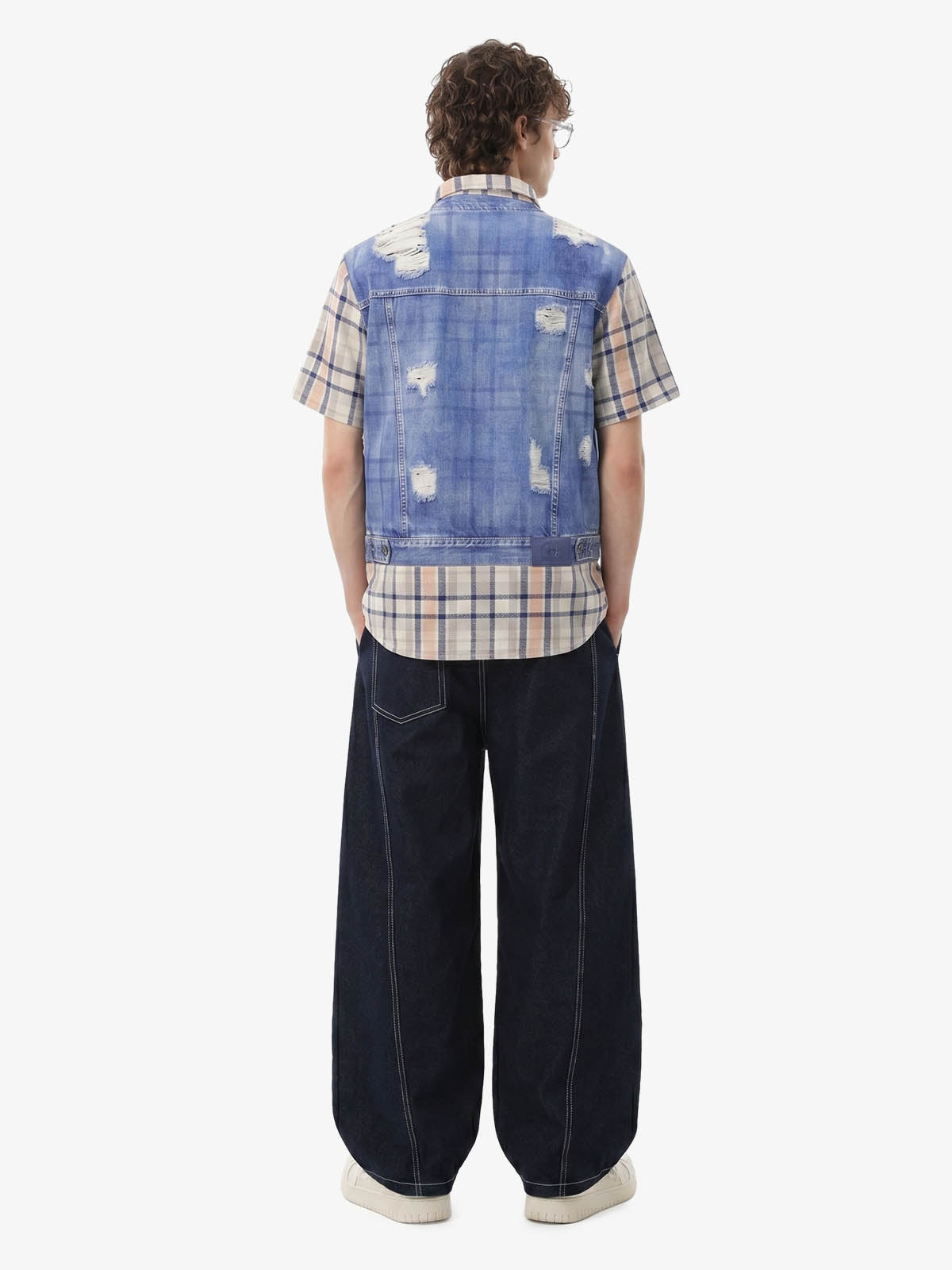 Layered Plaid Denim Print Short Sleeve Shirt 