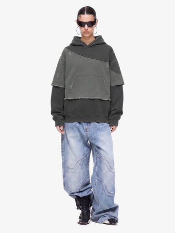 Distressed Patchwork Raw-Edge Layered-Hem Fleece Hoodie