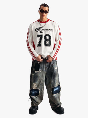 Jersey Digital Print Colorblock Long-Sleeved T-Shirt
