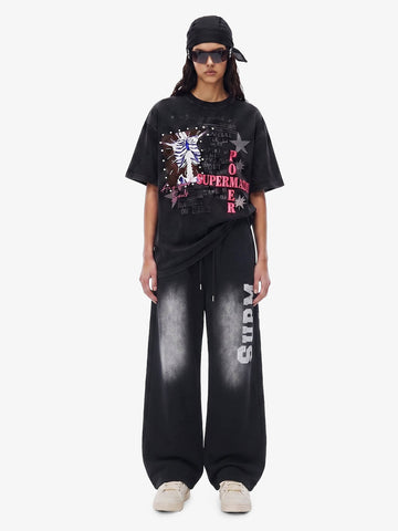 French Terry Distressed Gradient Drawstring Wide Leg Pants