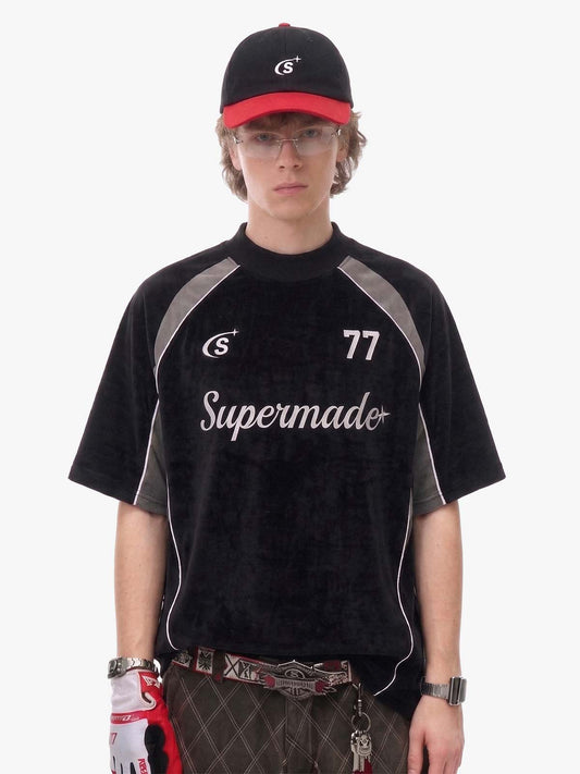 Suede Logo Embroidered Patchwork Short Sleeve T-Shirt - 2634