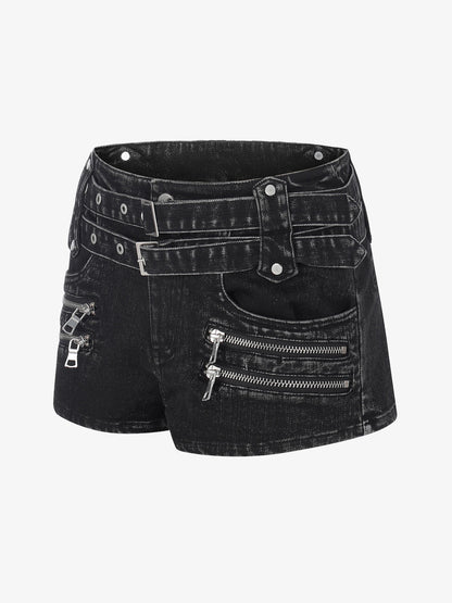 Thesupermade Distressed Double Belt Mini Shorts