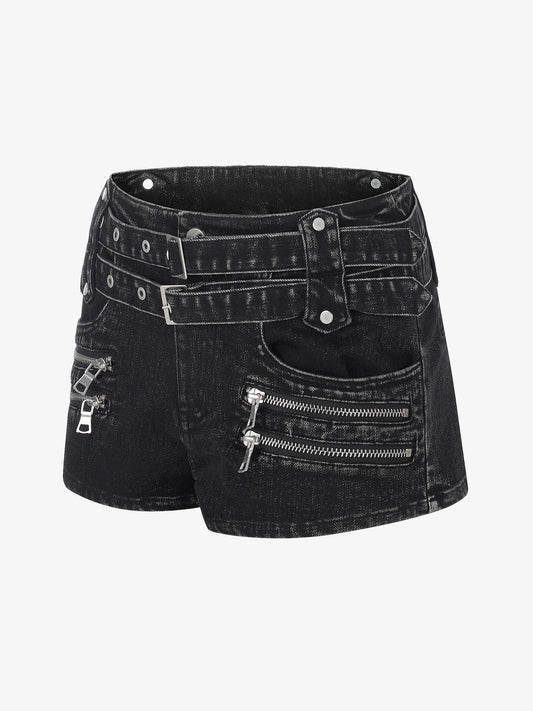 Thesupermade Distressed Double Belt Mini Shorts