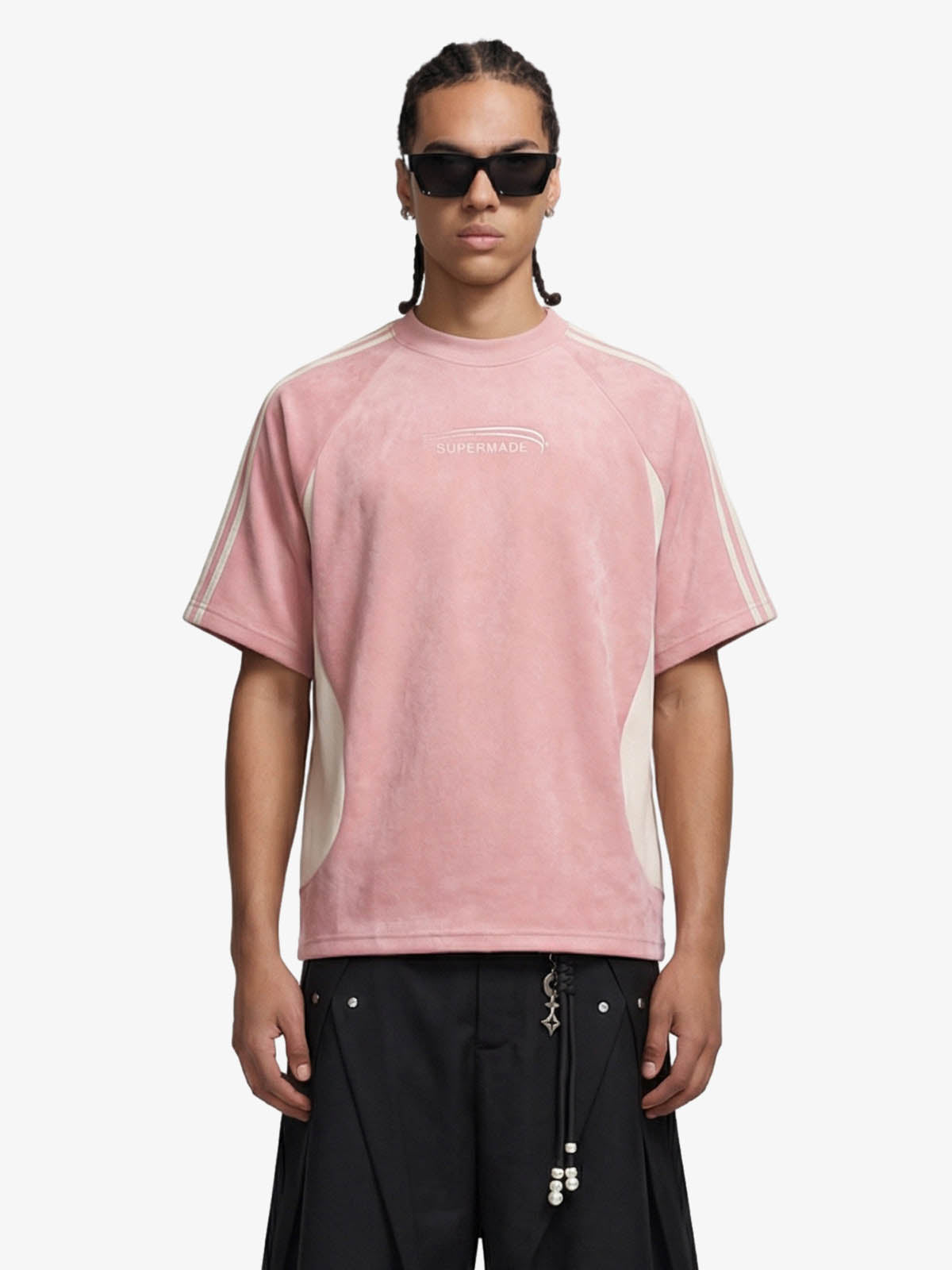 Suede Panel SUPERMADE Embroidered Short Sleeve T-Shirt - 2616 