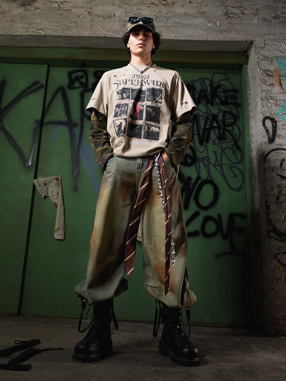 Jersey Distressed Camouflage Double Layered Graphic T-Shirt - 2420