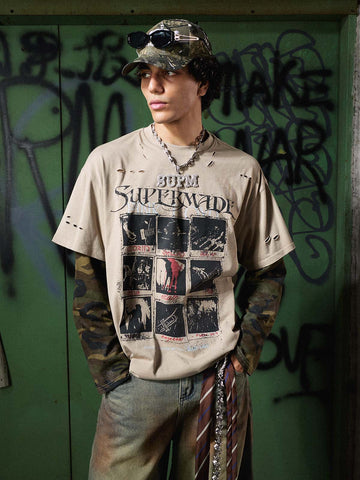 Jersey Distressed Camouflage Double Layered Graphic T-Shirt - 2420