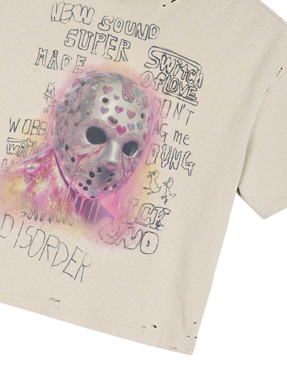 Distressed Heart Cutout Skull Mask Graphic T-Shirt 