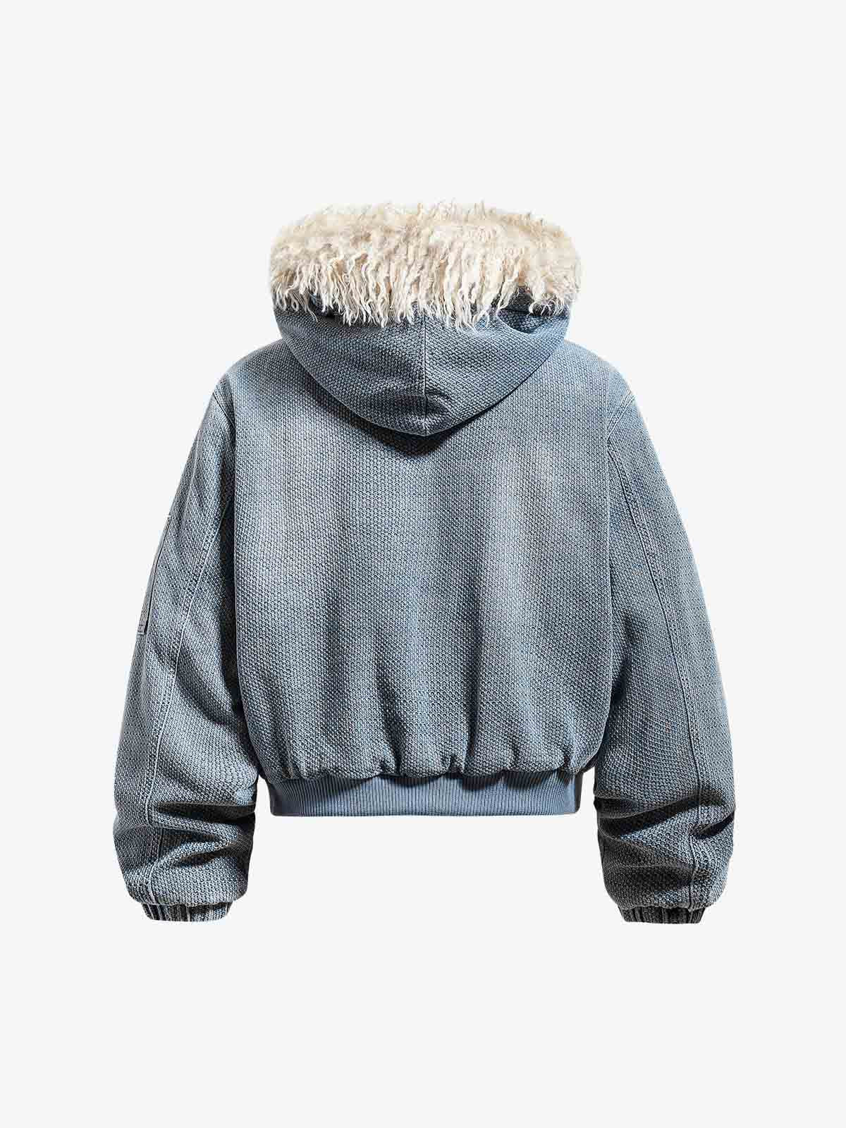Washed Embroidered Fur-Lined Denim Bomber Jacket 