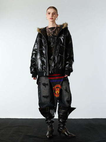 Multi-Zip Fur Hooded Leather Jacket 