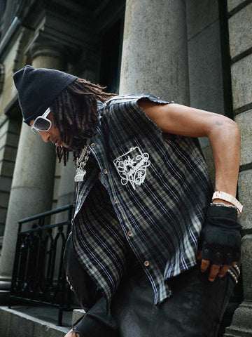 Vintage Punk Distressed Plaid Sleeveless Shirt - 2629