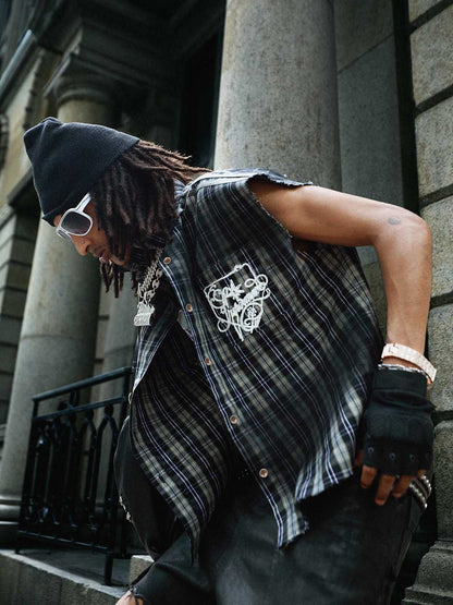 Vintage Punk Distressed Plaid Sleeveless Shirt - 2629