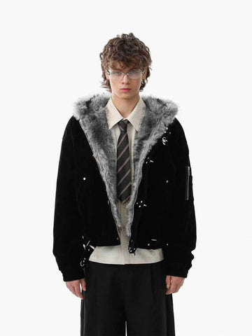 Streetwear Metal Clip Faux Fur Hooded Suede Bomber Jacket - 2597
