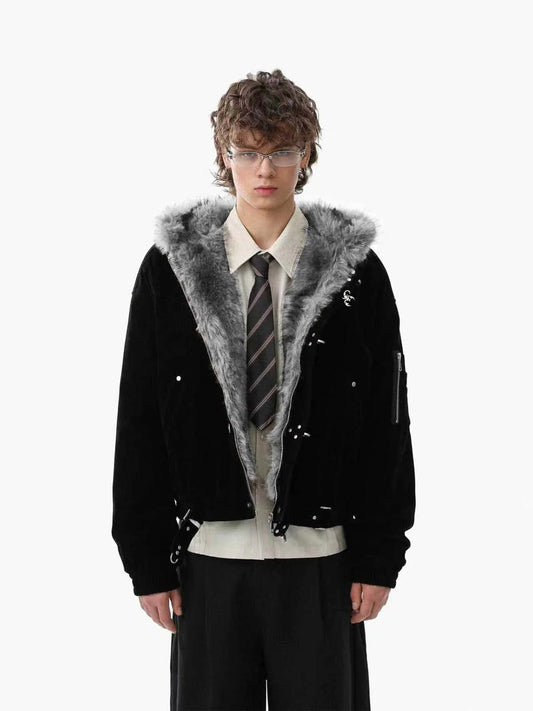 Streetwear Metal Clip Faux Fur Hooded Suede Bomber Jacket - 2597