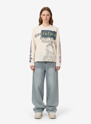 Waffle Knit Graphic Print Crewneck Sweatshirt - 2496 
