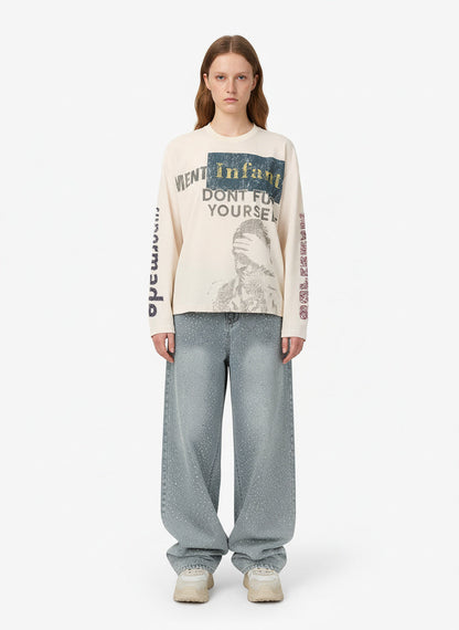 Waffle Knit Graphic Print Crewneck Sweatshirt - 2496 