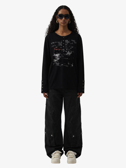 Supermade Industrial Text Print Long Sleeve Henley T-Shirt 