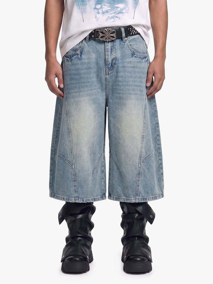Curved Silhouette 3D Paneled Denim Shorts 