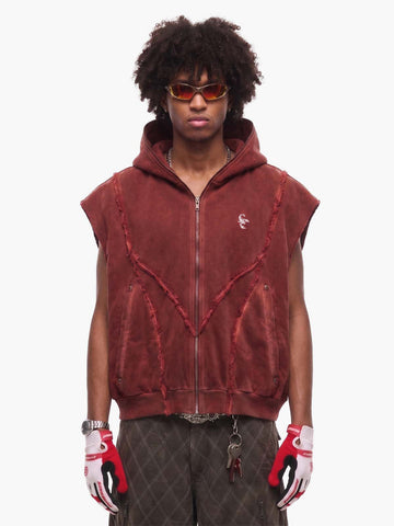 Vintage Distressed Full-Zip Hooded Sleeveless Vest
