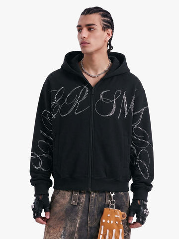 Street Hip-Hop Rhinestone Cropped Zip Up Hoodie