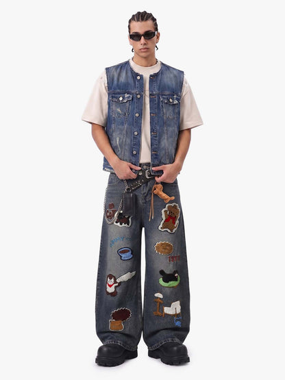 Retro Cartoon Graphic Heavy Embroidery Barrel Jeans - 2562